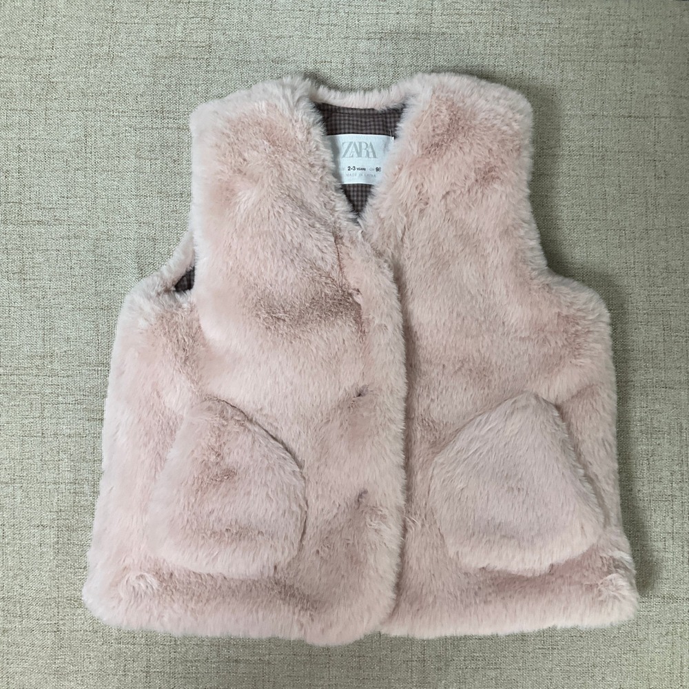 Zara Faux Fur Vest Kids 2-3 Years Pink Gingham Lining Pockets Minimalist